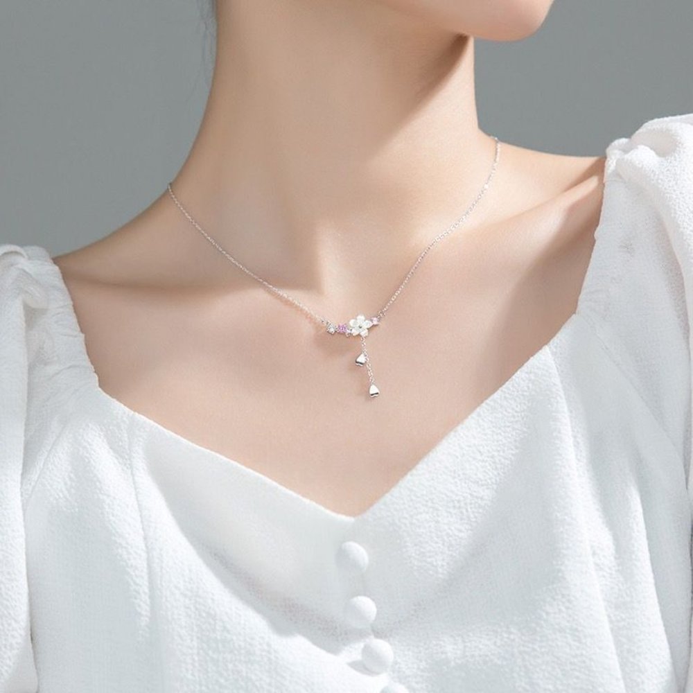 NEW Silver Cherry Flower Shell Long Tassel Necklace - Picture 4 of 9